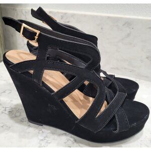 Top Moda Black Faux Suede Strappy Wedge Sandals Size 6.5